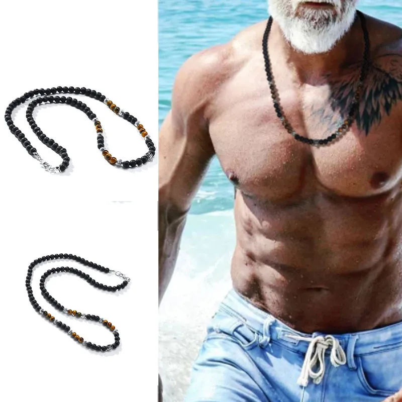 Volcanic Rock Black Matte Ethnic Style Necklace Men - Image 5